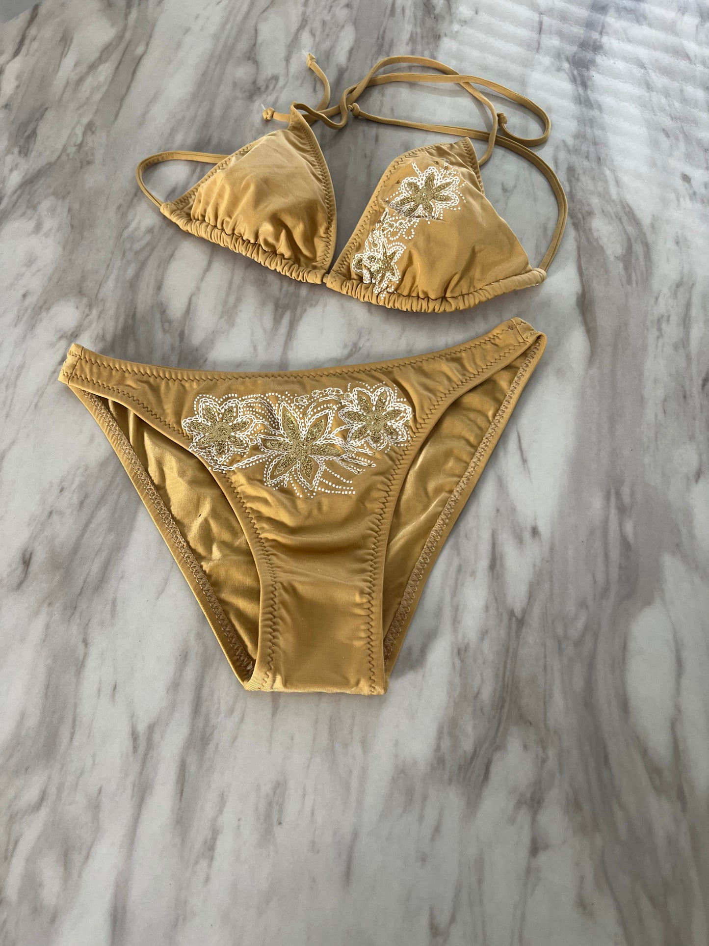 Gold Floral Print Bikini Swimsuit