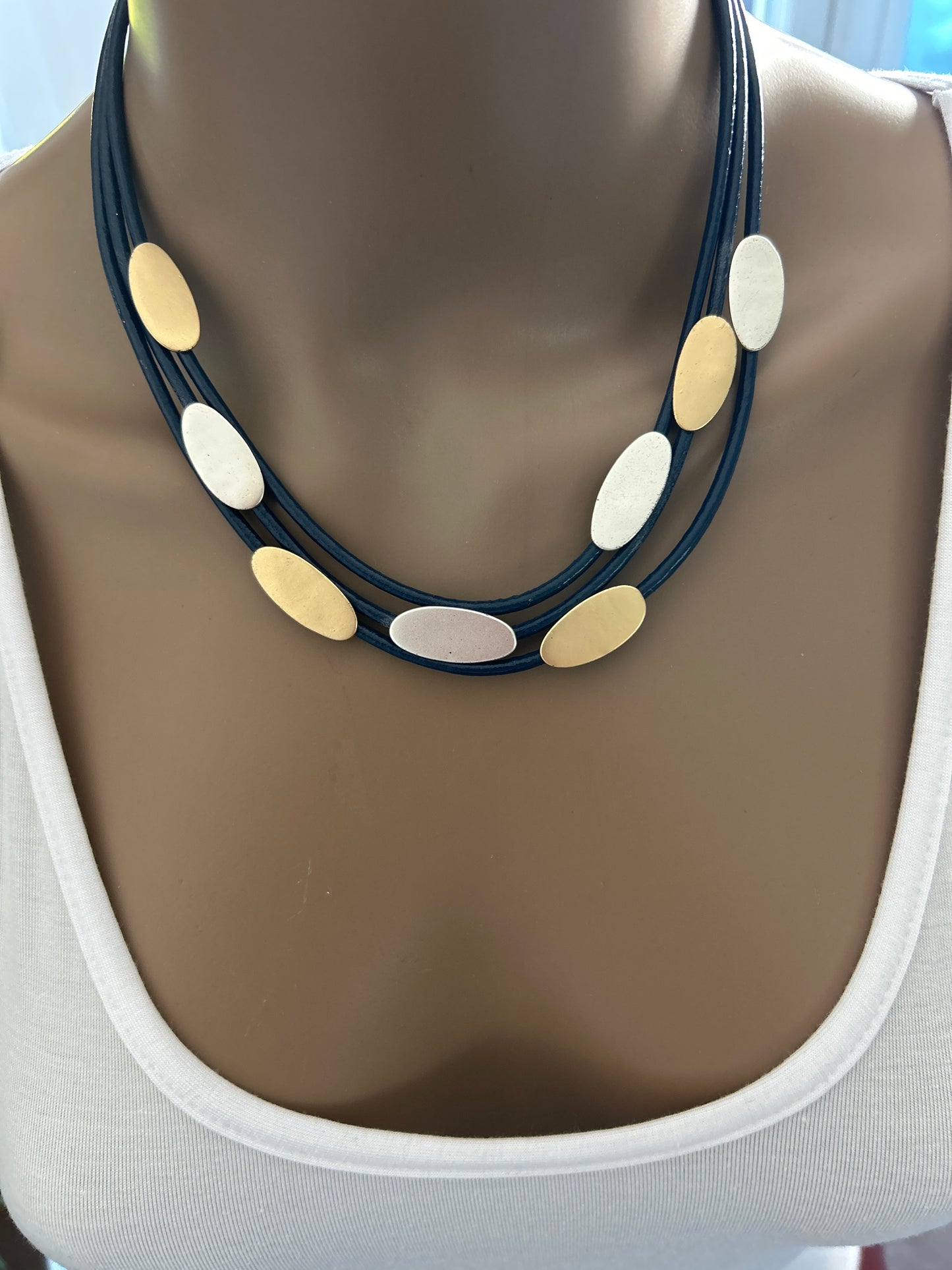 Blue gold and silver fashion necklace