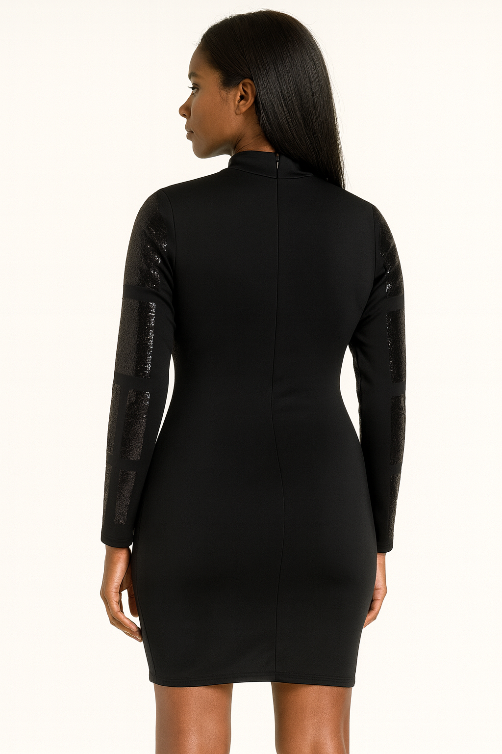 black sequin-panel bodycon dress.
