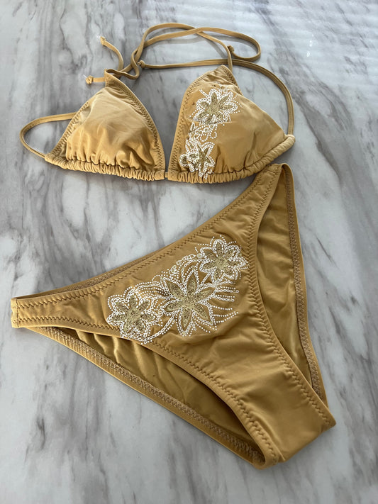 Gold Floral Print Bikini Swimsuit