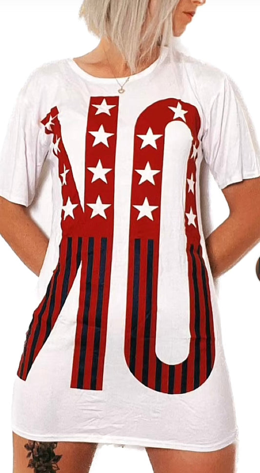 White Oversized Graphic T-Shirt Dress – Red & Blue Stars and Stripes Print