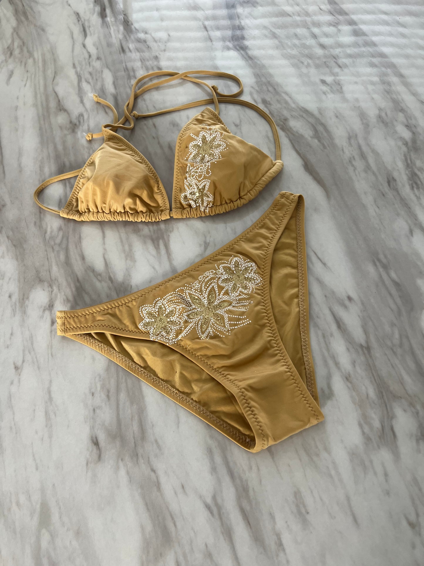 Gold Floral Print Bikini Swimsuit