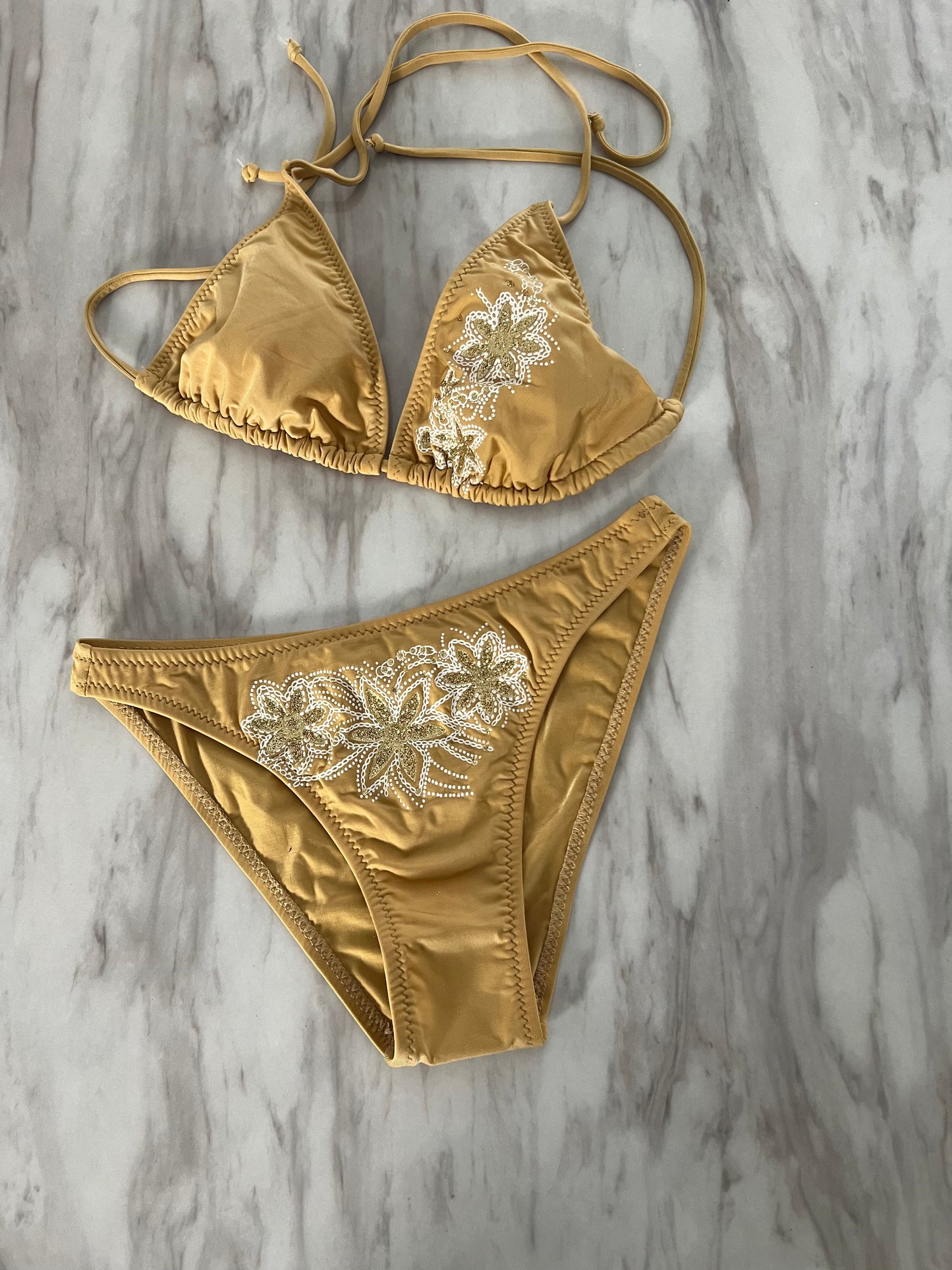 Gold Floral Print Bikini Swimsuit