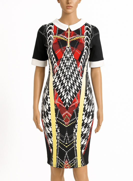 Bold Geometric Print Collared Dress