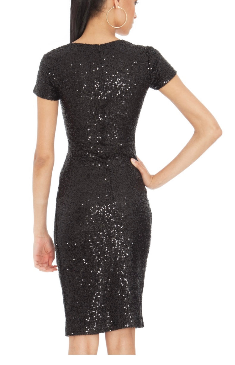 SHORT SLEEVE RUCHED SEQUIN MIDI DRESS