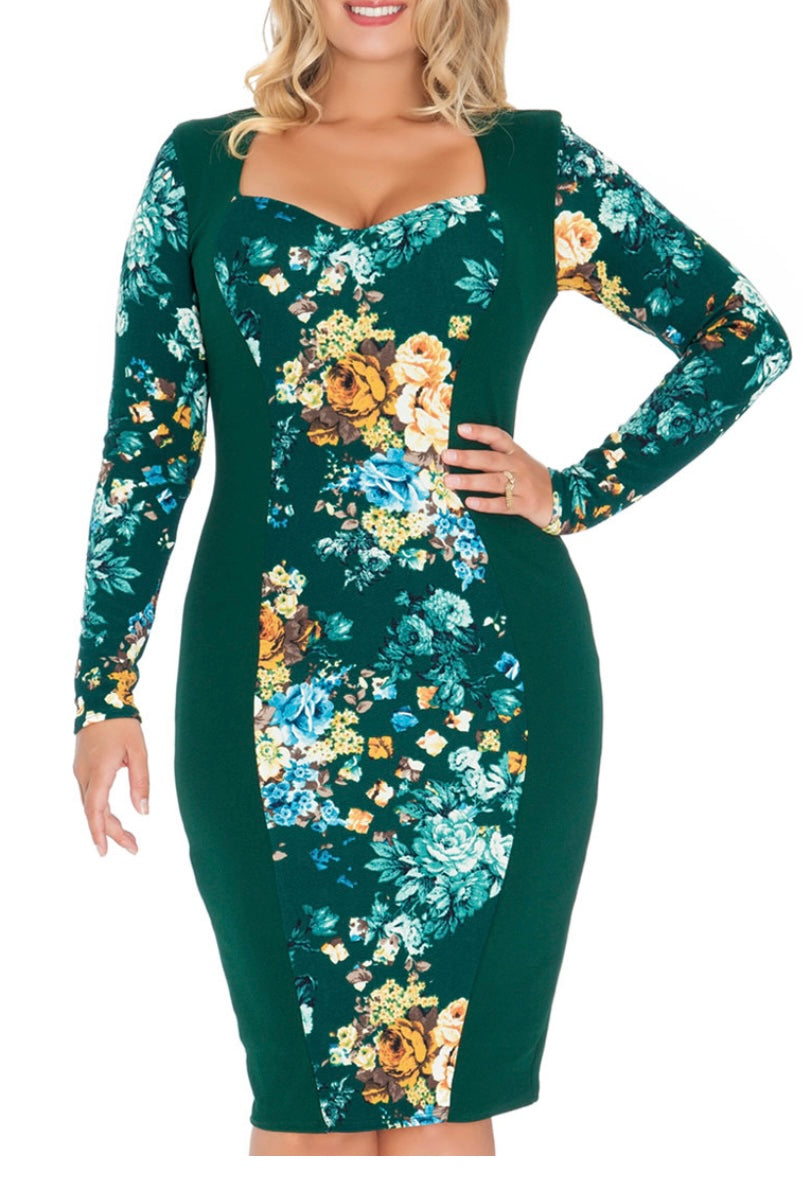 PLUS SIZE FLORAL PRINT PANELLED DRESS