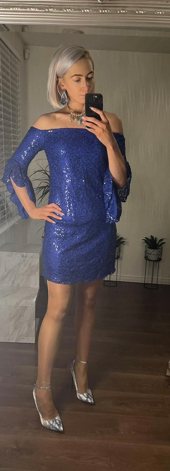 Off The Shoulder Frill Sleeve Sequin Dress