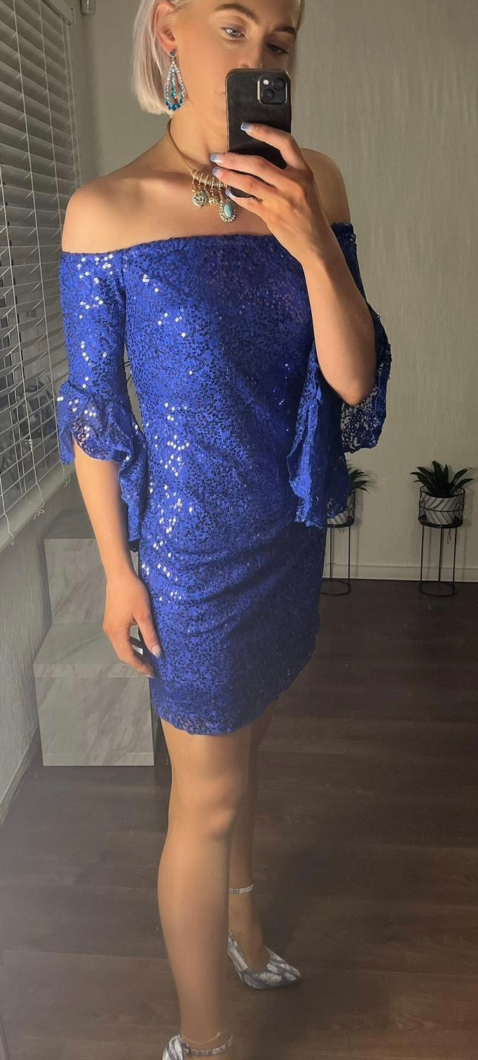 Off The Shoulder Frill Sleeve Sequin Dress