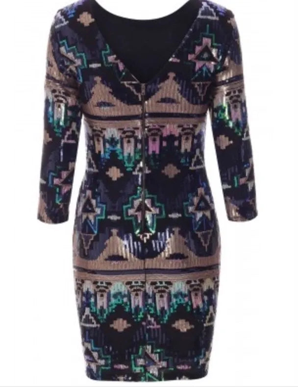 SEQUIN EMBELLISHED AZTEC BODYCON DRESS