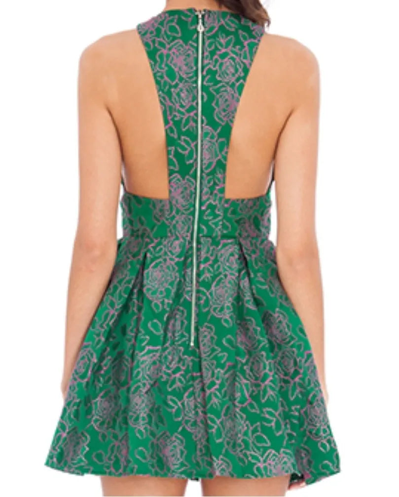 FLORAL JACQUARD CUT OUT BACK MINI DRESS