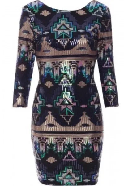SEQUIN EMBELLISHED AZTEC BODYCON DRESS