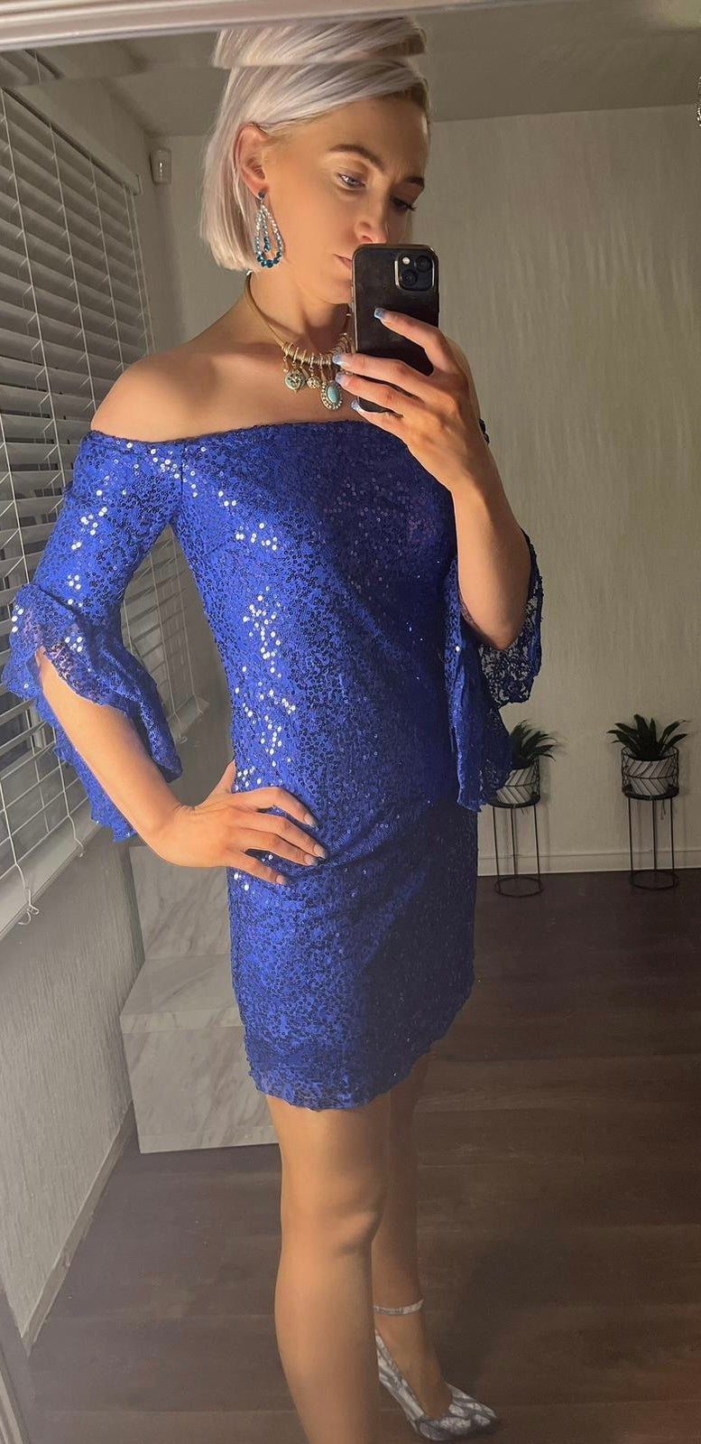 Off The Shoulder Frill Sleeve Sequin Dress