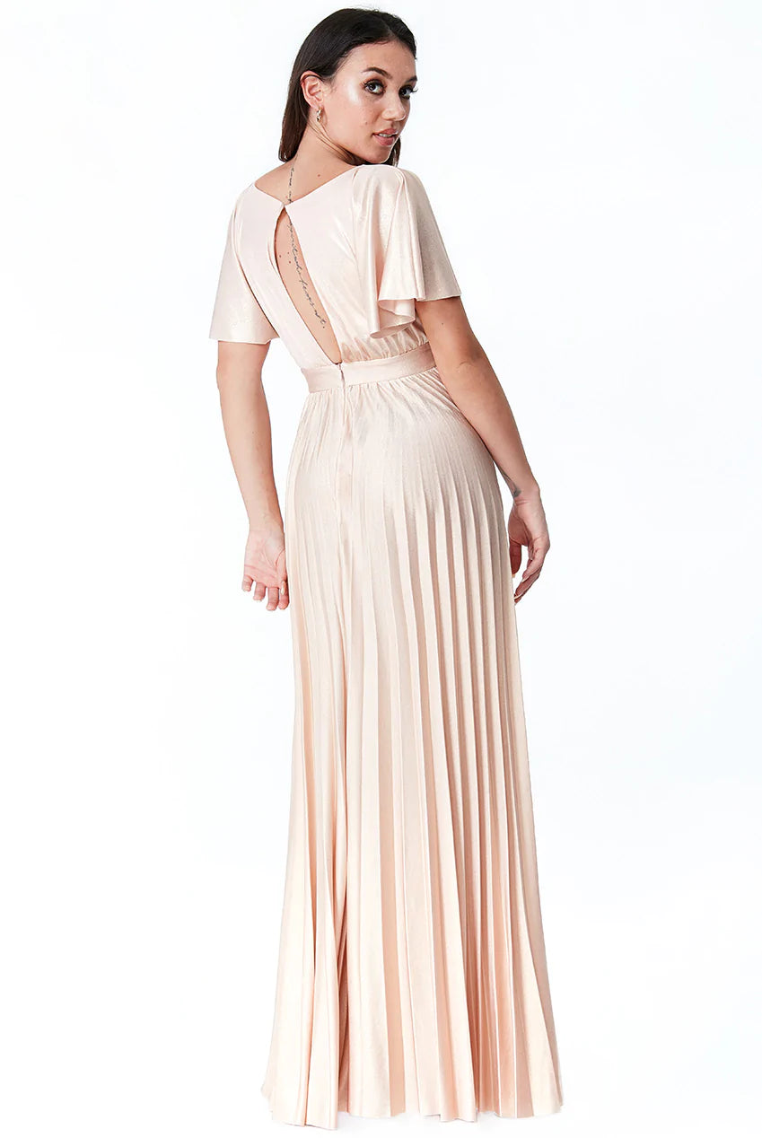 WATERFALL SLEEVE METALLIC GOLD MAXI DRESS
