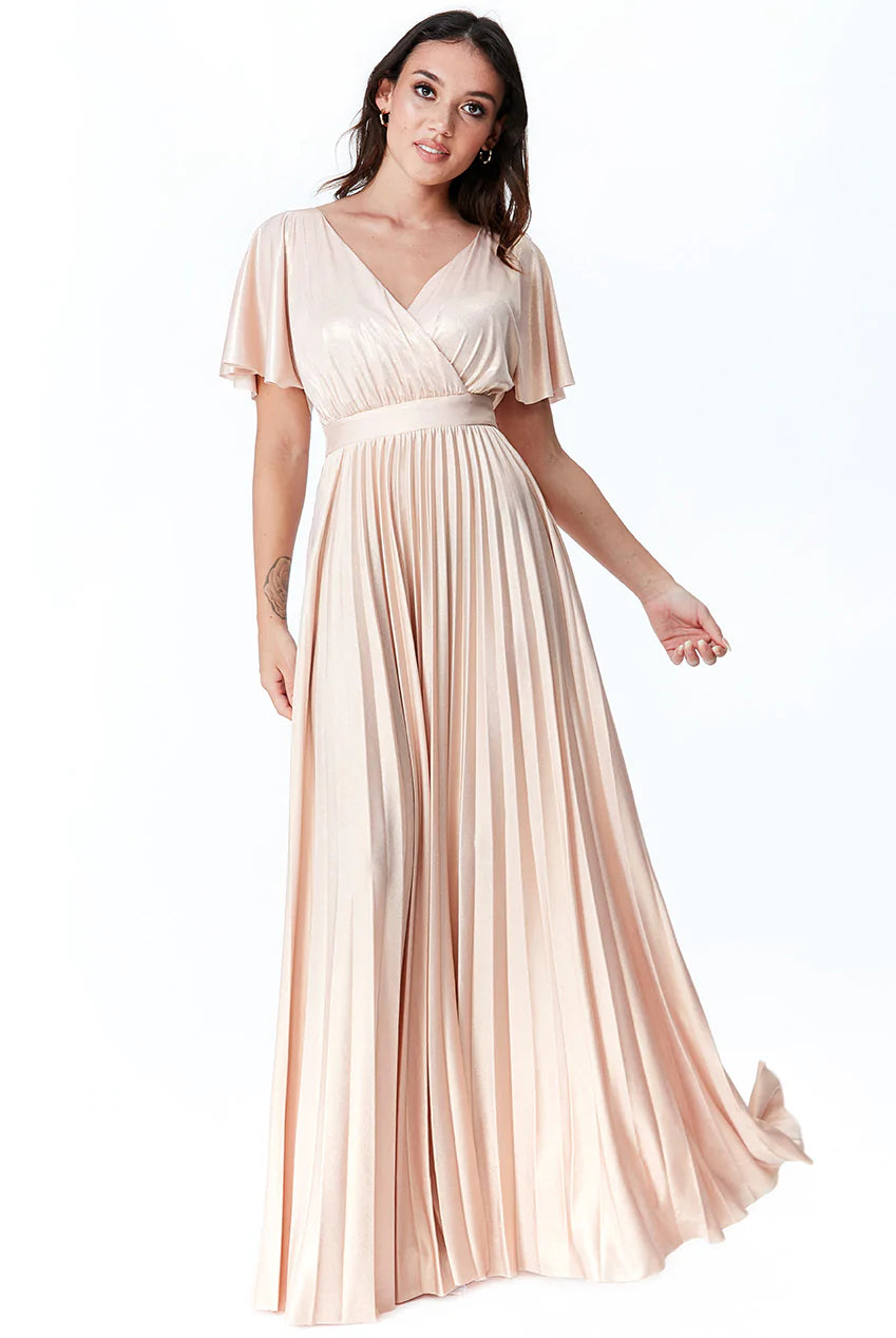 WATERFALL SLEEVE METALLIC GOLD MAXI DRESS