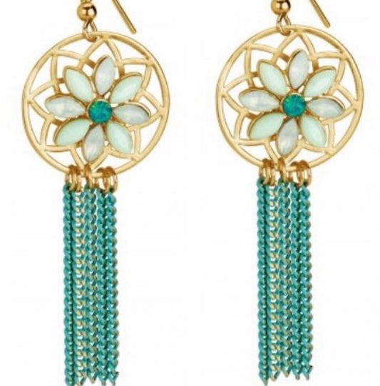 STUNNING ANTIQUE GOLD PLATED AQUAMARINE DETAILED EARRINGS