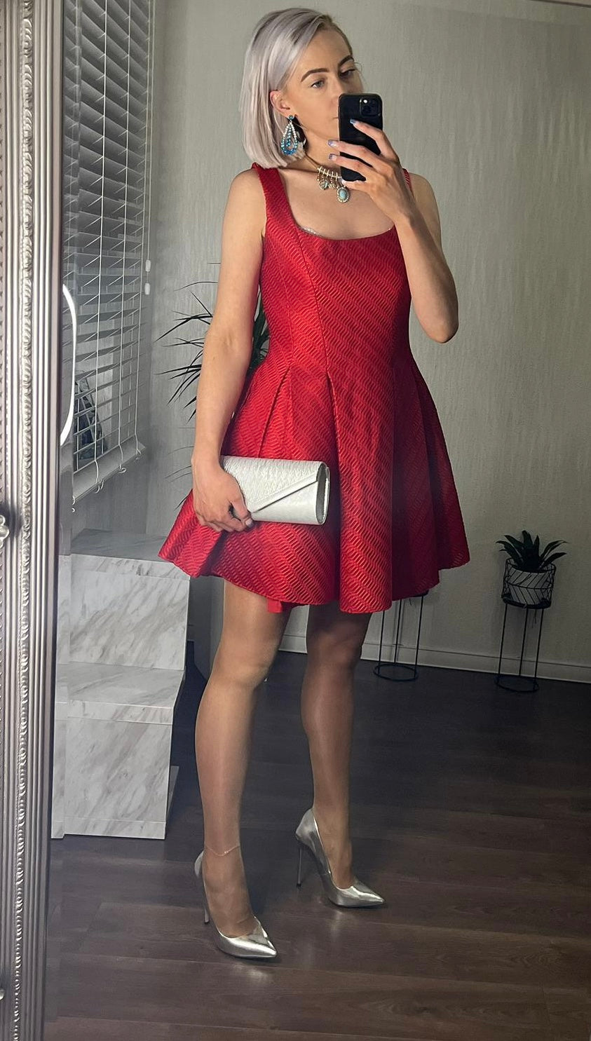 Beautiful Red Waffle Texture Skater Dress